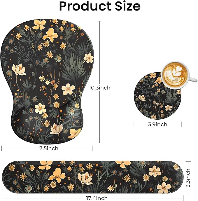 AKIT Ergonomic Mouse Pad and Keyboard Wrist Rest,Memory Foam,Flower Black | 3-in-1 Set Iincludes Mouse Pad and Keyboard Wrist Rest,Memory Foam for Comfort,Suitable for Home, Office, Gaming
