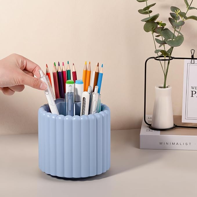 Anyoifax 360° Rotating Pen Holder for Desk Removable Pencil Organizer, Blue | 7 Slots Pen Cup Cute Office Supplies and Accessories Plastic Desktop Storage Box Art Caddy for School, Work, Home