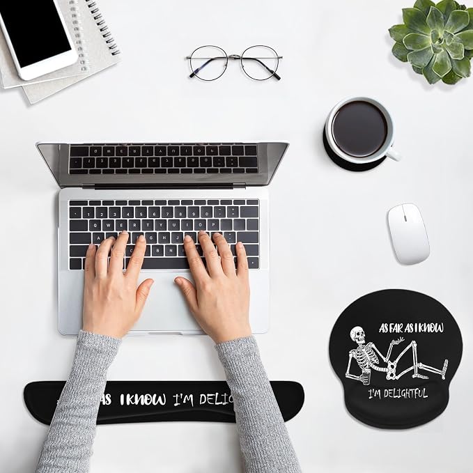 Britimes Skull Skeleton Black Ergonomic Mouse Pad Set with Wrist Rest Non-Slip Rubber Base Wrist Cushion Support and Coasters Mousepad with Wrist Support for Computer Keyboard and Desk
