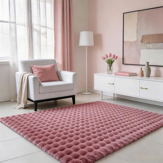 Dusty Rose Rabbit Plush Rug 3'x5', Fluffy Shaggy Area Rug for Nursery & Kids Room, Faux Fur Carpet for Girls Bedroom, Living Room, Teen Decor