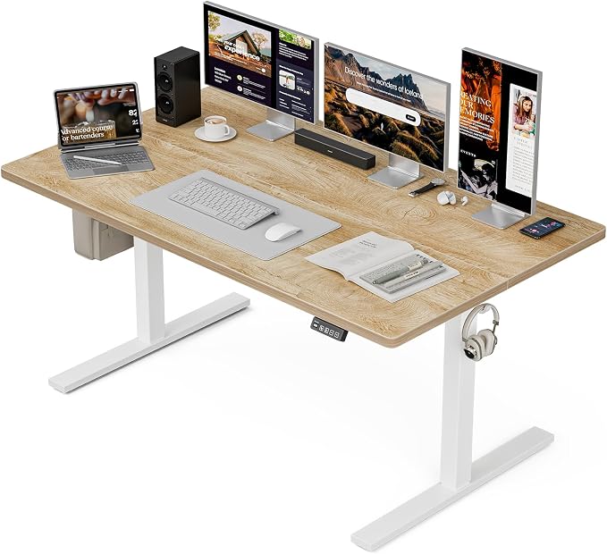 Grandder 63x32 Large Electric Standing Desk, Height Adjustable Computer Desk with 2 Memory Presets, 31.5" Deep Desktop Sit Stand Desk Home Office Desk Workstation Table with Hooks, Oak