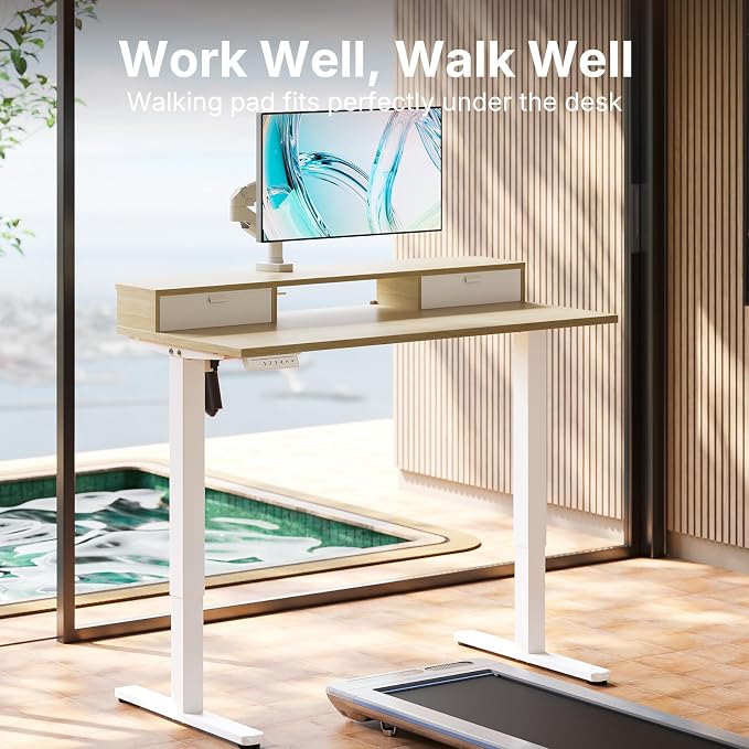 HUANUO 40 x 24 inch Small Electric Standing Desk with 2 Drawers, C-Clamp Mount Compatible, Height Adjustable Sit Stand Desk, Home Office Stand Up Desk with 4 Memory Height Settings, Light Walnut