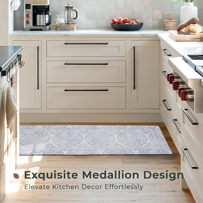 FRESHMINT 2 Piece Set Boho Kitchen Mats for Floor Bohemian Distressed Anti Fatigue Kitchen Rugs Vintage Farmhouse Cushioned Kitchen Runners for Standing Waterproof & Non-Skid Comfort, Gray
