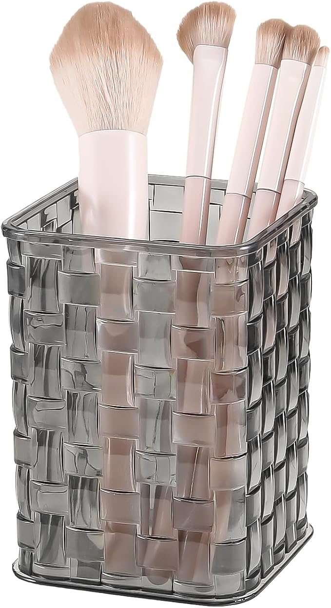 DASITON Makeup Brush Holder Organizer, Acrylic Makeup Brushes Storage Cup, Woven Texture Make Up Brush Holder for Vanity Bathroom Office, Pen Holder for Desk, Cosmetic Display Cases (Grey S)