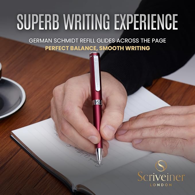 Scriveiner Red Rollerball EDC Luxury Pen, Stunning Pocket Pen with Chrome Finish, Cool Writing Pen, Best Gift for Men & Women, German Schmidt Refill, Nice Present, Fancy Office Designer