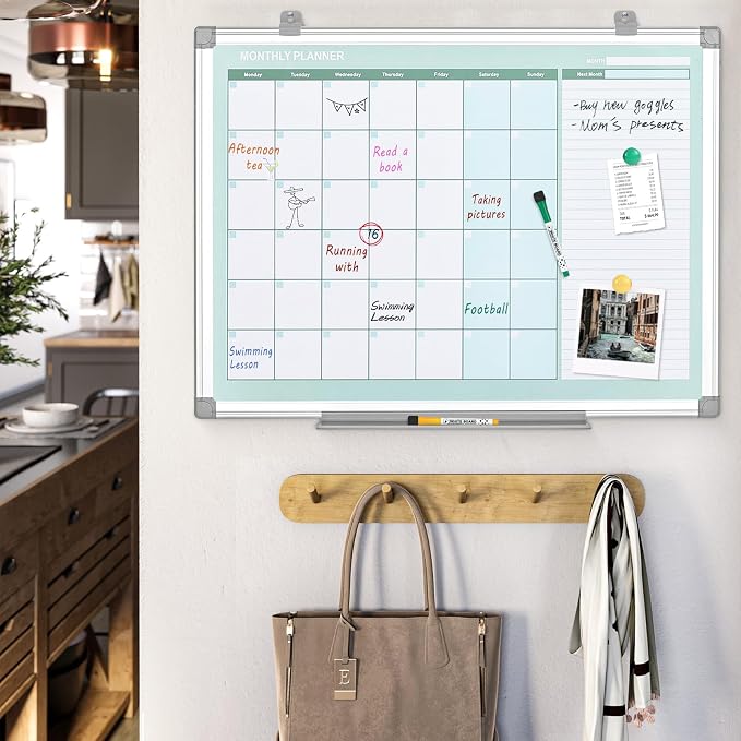 MAKELLO Dry Erase Calendar for Wall 24" x 18", White Board Calendar with Next Month for Office, Family, Kitchen and Bedroom | Magnetic Notice Board, Aluminum Frame, Wall Mount, Smooth Writing, Dry Erase, White Board for Office, Classroom, Home, School