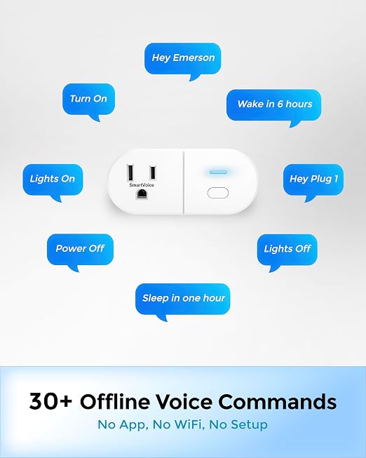Emerson SmartVoice Smart Wall Plug, Single Outlet Voice Control, No WiFi or App, Hands-Free Control, Sleep & Wake Timer, ETL Listed