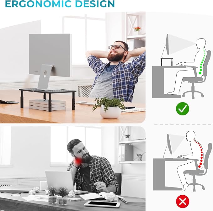 BONTEC Monitor Stand for Desk 2 Pack, 3-Level Height Adjustable Metal Monitor Riser, 14.5 x 9.1 in Ergonomic Computer Stand with Pen Holder & Cable Management for Printer, Laptop, Office Workstation