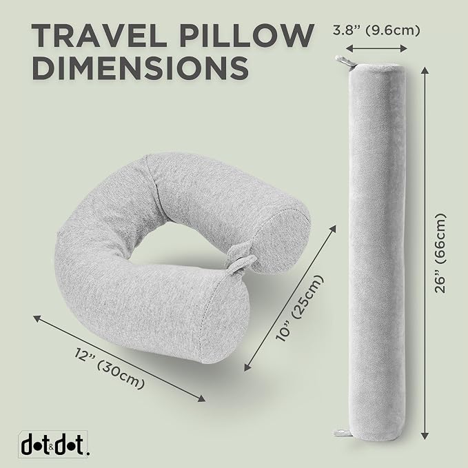 Dot&Dot Twist Memory Foam Travel Pillow, Bendable Neck Pillow for Airplane, Car and Home, 26-Inch Adjustable Roll with Washable Cotton Cover, Gray