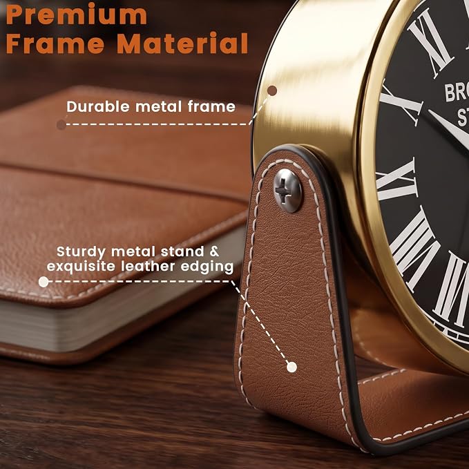 Analog Alarm Clock - 4.5" Silent Non Ticking Small Clock with Light, Rotatable Stand Metal Desk Clock Battery Operated, Simple Design for Living Room Decor/ Bedroom/Bedside/Shelf (Gold & Brown)