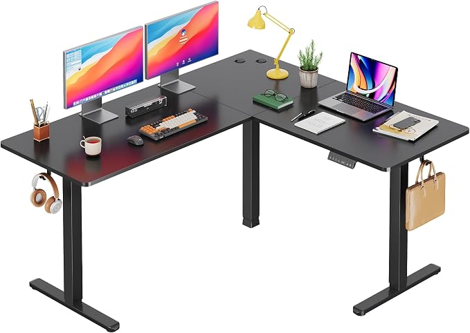 DEVAISE 63 Inch Standing Desk, L Shaped, Ergonomic Computer Desk, Black | LED Touchscreen, Headphone Hook, 3 Memory Preset, Home Office