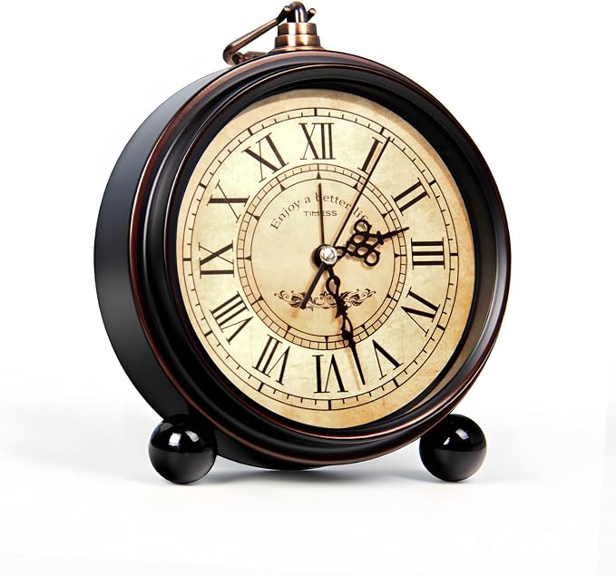 TIMESS 4.3-Inch Vintage Analog Alarm Clock, Silent Non-Ticking, White | Quartz movement, Roman numeral dial, battery operated, compact desk or table clock for bedroom, living room, and office