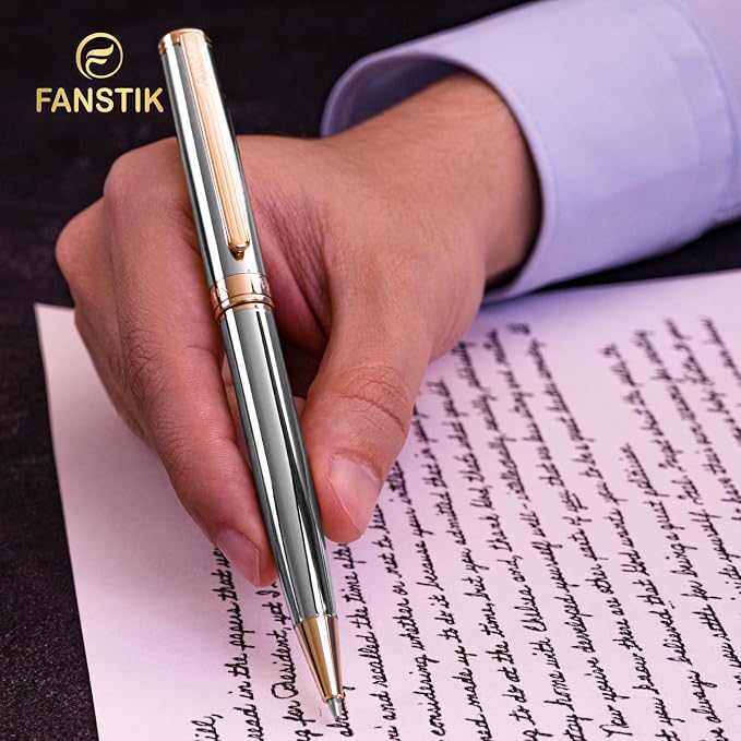 FANSTIK Customized Silver&Gold Luxury ballpoint pen, fancy gift set for women, Real 24K Gold Plating, Professional executive pen gift set for men (Lux Custom-BallPoint Silver-Gold)