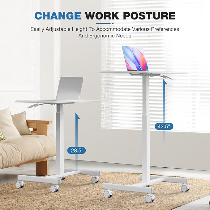 Rolling Laptop Stand Small Standing Desk with Wheels, Adjustable Height Rolling Table with Metal Base Lockable Catsers, Computer Rolling Table for Couch Home Office, 25.7'' × 19'' Milky