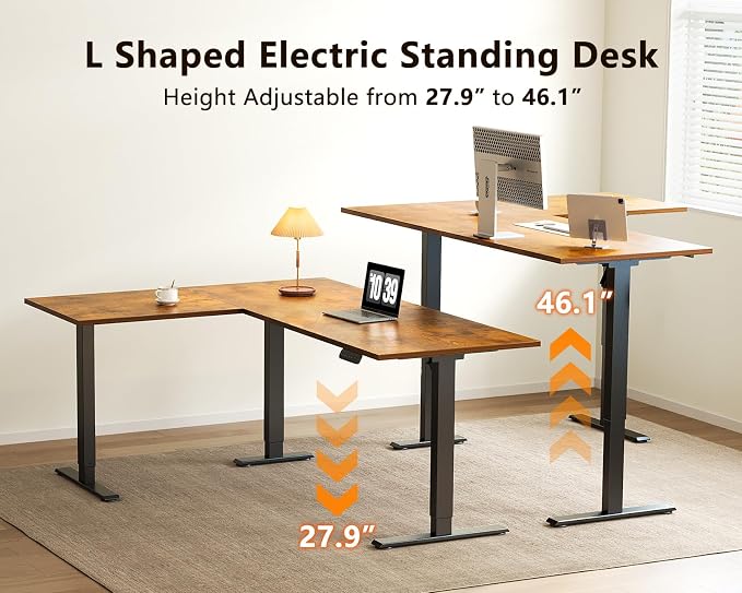 Casaottima 63 Inch Reversible L Shaped Electric Standing Desk, Ergonomic Height Adjustable Desk, Large Lift Corner Stand up Table for Workstation, Home Office, Reception Room, Rustic Brown