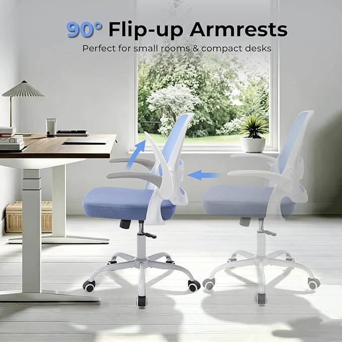 Ergonomic Mesh Office Chair for Home Office, Flip-Up Arms, Breathable Mesh Back & Thick Seat Cushion, Swivel Rolling Computer Desk Chair – BIFMA Certified, Supports 300 lbs (White Frame/Blue Seat)