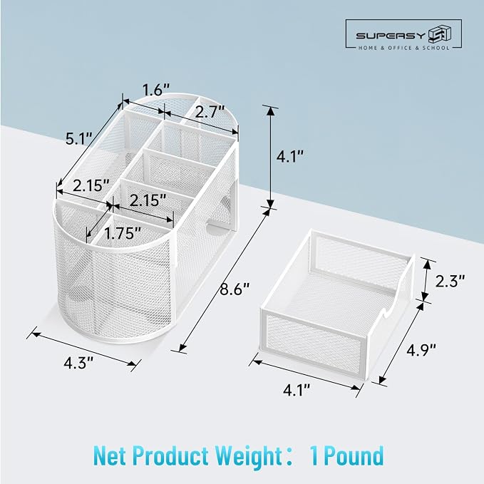 SUPEASY Mesh Desk Organizer, Desk Accessories & Workspace Organizers with Drawers, Pencil Holder for Desk with 9 Compartments for Office Supplies, School, Classroom, 8.6 x 4.3 x 4.1 Inch, White