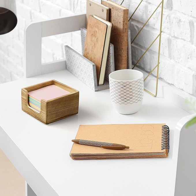 Burnt Wood Sticky Note Holder, 3 x 3 Inch Post It Note Dispenser for Office Desk Accessories, Self Stick Note Pad Holder, Memo Pad Holder Dispenser Organizer for School Office Desk Supplies