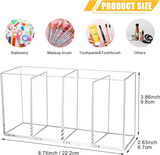 Clear Makeup Brush Organizer,Acrylic Cosmetic Brushes Storage Holder with 4 Slots,Pencil Pen Holder for Desk,Desk Organizer and Accessories for Vanity
