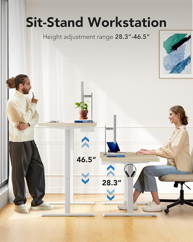 HUANUO 60 x 30 inch Large Standing Desk, Powerful Brushless Motor Large Height Adjustable Table, 4 Memory Preset Stand Up Work Station Sit Stand Desk, Home Office with Thick T-Shaped Frame,Natural