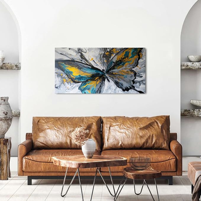 Abstract Butterfly Wall Art Teal Grey Yellow Butterfly Wall Decor Modern Marble Textured Canvas Poster Luxury Fluid Pictures Watercolor Neutral Artwork for Living Room Bedroom Home Decoration 20x40"