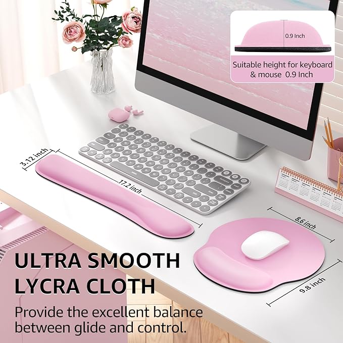 KTRIO Keyboard Wrist Rest & Mouse Pad with Wrist Rest Set, Pale Pink | Memory Foam Wrist Support, Ergonomic Design, Non-Slip Base, Office and Home Use