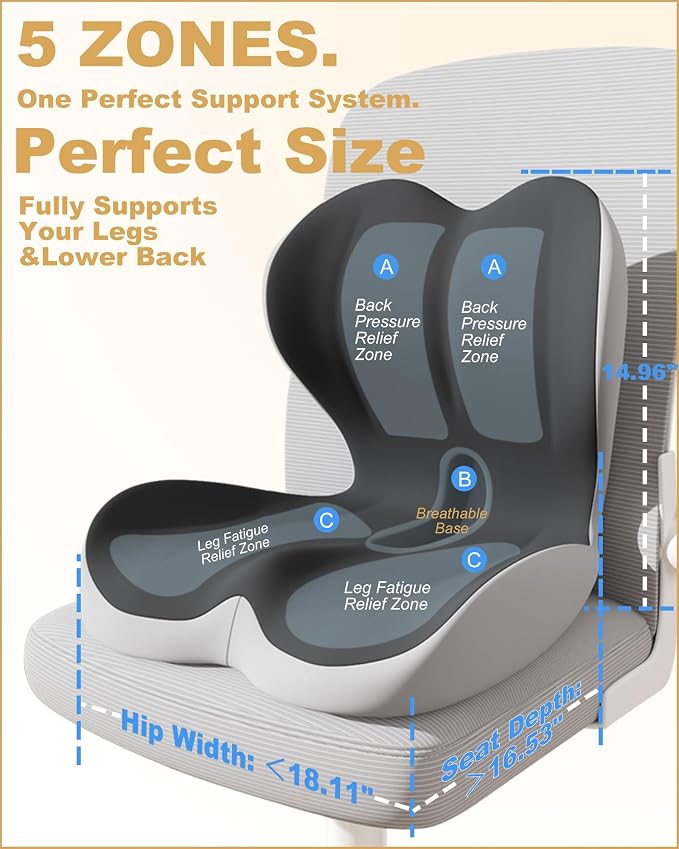 Office Chair Seat Cushion with Back Lumbar Support, Ergonomic Memory Foam | Integrated L-Shaped Backrest and Coccyx Cutout with Non-Slip Base for Car Seats, Wheelchairs and Long Sitting Comfort