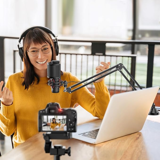 TONOR Microphone Boom Arm, Adjustable Microfono Stand Mic Arm with Extra-large Pop Filter, 3/8’’ and 5/8’’ Screwadapter, Equipment for Podcast, Recording, Streaming, 35 cm +35 cm, T10
