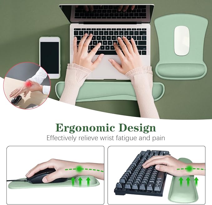 Ergonomic Keyboard Wrist Rest Memory Foam and Soft Gel Mouse Pad | Smooth Surface, Anti-Slip Base, Easy Typing and Pain Relief for Gaming, Office, Laptop, Green