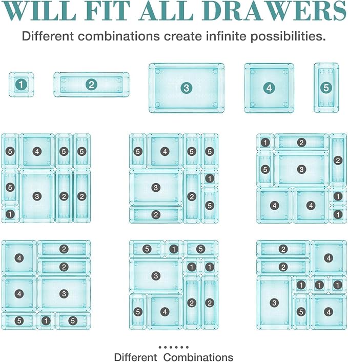 13 PCS Drawer Organizer Set, 5 Size Bathroom and kitchen organizer Trays | Bathroom and kitchen Drawer cabinet organizer Trays, Clear Storage Bins for Makeup, Jewelry, Utensils and Gadgets