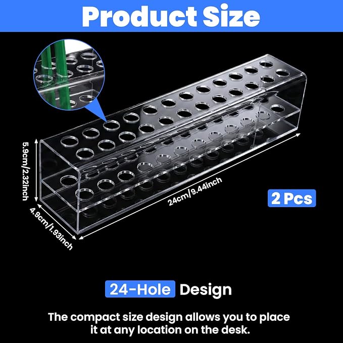 2 Pcs Acrylic Pen Holder, 24 Slots Pen Stand for Storage, Clear Pencil Display Stand, Acrylic Makeup Brush Display Rack Organizer for Art Paint Brush Home Office Desk Supplies
