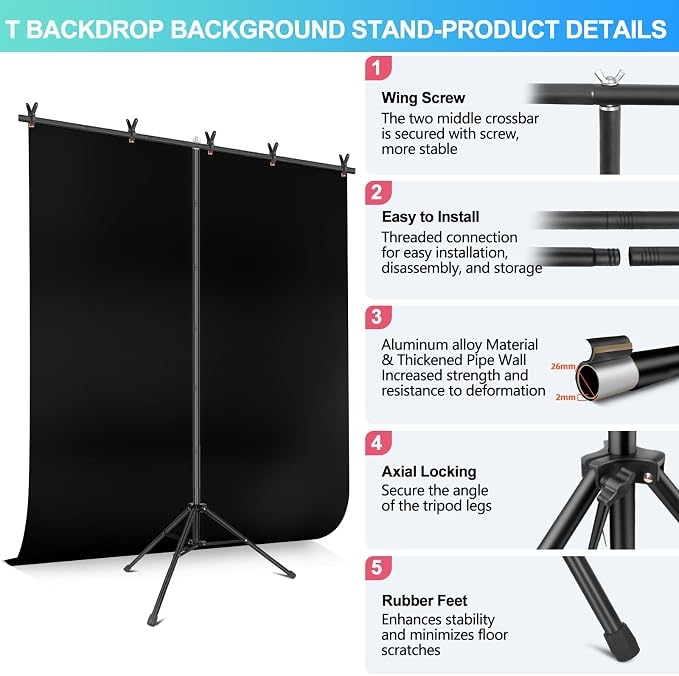 Black Backdrop Background with Stand for Photoshoot, 5x6.5ft Black Photo Backdrop Curtain Cloth with Background Support Stand, 5 Spring Clamps& Carrying Bag for Party Photography Video Studio