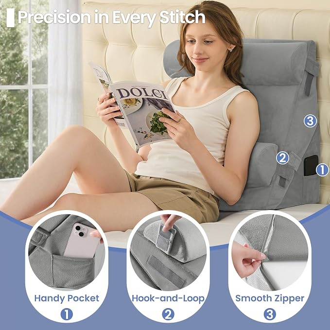 Sasttie Adjustable Wedge Pillow Set for After Surgery, Velvet - Light Grey | 2PCS Bed Wedge Pillow Headboard with Memory Foam Neck Cushion, for Acid Reflux, Sleeping, Neck & Back Support