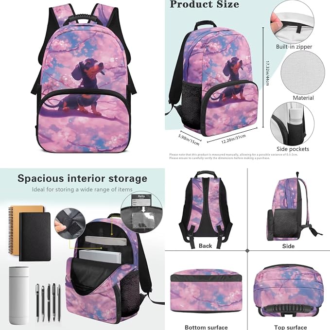ZFRXIGN Dachshund Dog Kids Backpack for Girls 6-8 8-12 Bookbag with Cute Pendant 17inch Elementary School Bag and Lunch Box Pencil Case Back to School Stuff