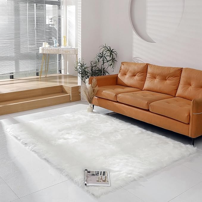 linmopm Faux Fur Sheepskin Rug, White, 5x7 ft | Shag Fluffy Fuzzy, High-Density Cushion, Rectangle, For Bedroom Bedside Living Room, Plush Sofa Cover