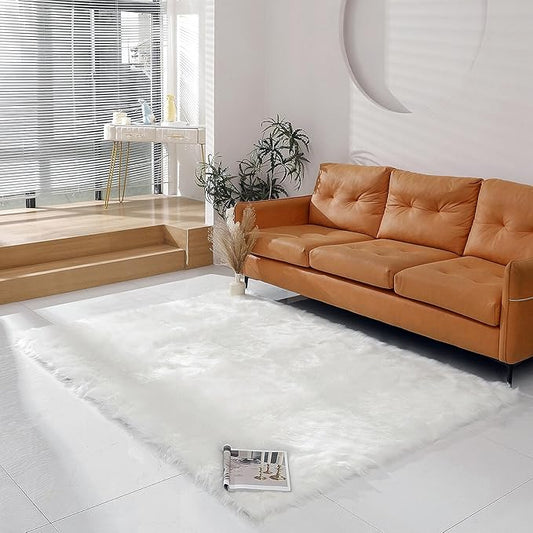 linmopm Faux Fur Sheepskin Rug, White, 5x7 ft | Shag Fluffy Fuzzy, High-Density Cushion, Rectangle, For Bedroom Bedside Living Room, Plush Sofa Cover
