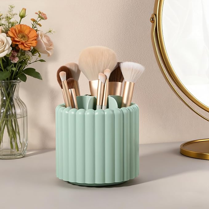 360° Rotating Pen Holder for Desk Removable Pencil Organizer, Green | 7 Slots Pen Cup Cute Office Supplies and Accessories Plastic Desktop Storage Box Art Caddy for School, Work, Home
