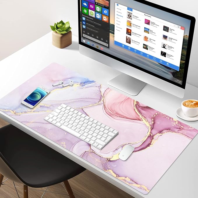 Large Mouse Pad, Desk Mat for Desktop, Dual Side PU Leather Waterproof Gaming Mousepad Desk Pad, Desk Protector Writing Pads Desk Accessories for Office and Home (A-Pink Marble, 31.5''X15.8'')