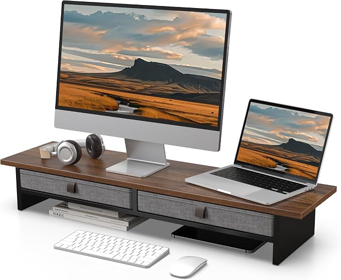 Fenge 35 Inch Monitor Stand with Drawer Storage, Computer Riser for Desk | Wooden Computer Shelf, 2 Tiers, for Dual Monitor/Laptop/PC/TV/Printer up to 55Lbs, Home Office Desk Organizer