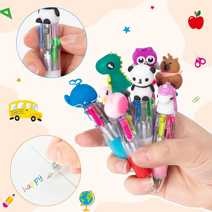 ANGOLIO Back to School Gifts 28 Sets Cute Animals 4 in 1 Multicolor Retractable Ballpoint Pens with Greeting Cards for Students Kids Classroom Office Home Rewards First Day of School Party Supplies