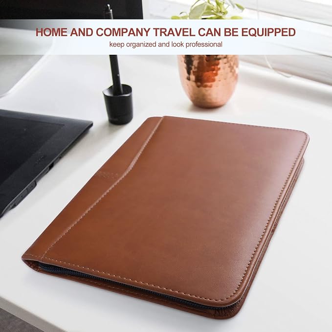 Padfolio/Portfolio, Leather Zippered Padfolio Portfolio Binder 5 x 8 Legal Writing Pad, Professional Business Portfolio for Men & Women, Card Holder, Notepad Clipboard Holder (Brown-9.5 * 6.5)