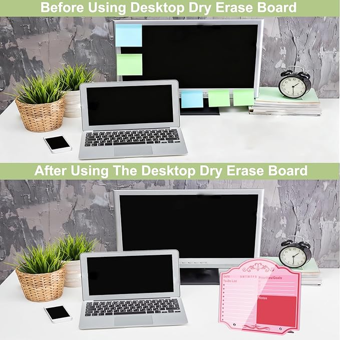 Desktop Thickened Acrylic Dry Erase Board to Do List Planner Board 12" x 10" Tabletop Priorities Notes Whiteboard with Stand Markers Pink for Office Home School Desk Weekly Daily Task Organizer