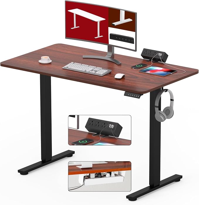 SANODESK Electric Standing Desk with Desk Clamp Power Strip 40"x 24" Whole-Piece Desktop Height Adjustable Stand Up Desk with Cable Management Sit Stand Home Office Desk Black Frame/Mahogany Top