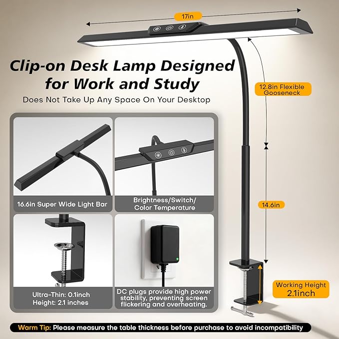 LED Desk Lamp for Office Home, Stepless Dimming Architect Desk Light with DC Adapter, Eye-Caring Desk Lamp with Clamp, 25 Lighting Modes Adjustable 12.8in Flexible Gooseneck for Workbench(Black)