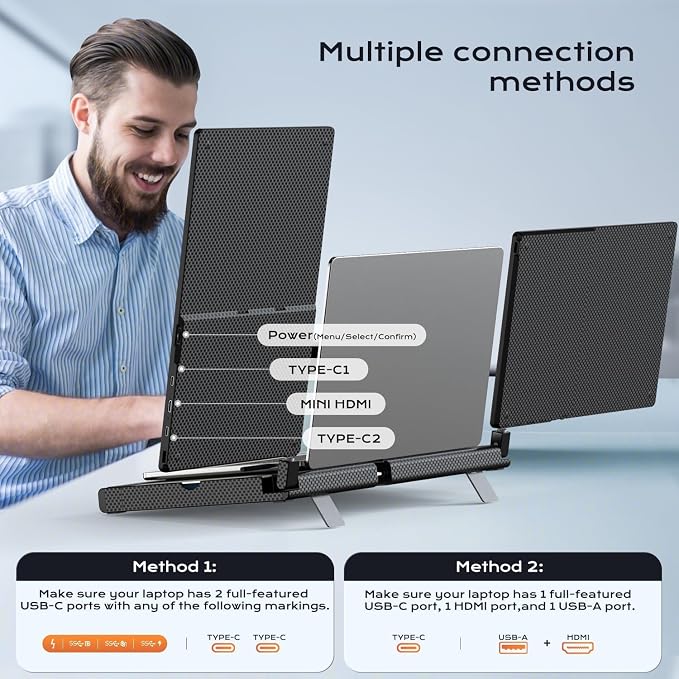 Laptop Screen Extender, 14" FHD 1080P Laptop Monitor Extender, Stretchable Base and Detachable Screen, Plug & Play, Triple Screen Extender Compatible with Windows, Mac, Chrome