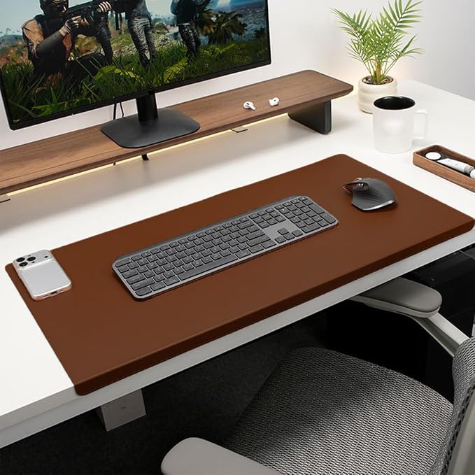Edge-Locked Leather Desk Pad, Desk Blotter with Full Grip Fixation Lip, Waterproof Large Office Table Mat, Non-Slip Laptop Mouse Pads for Work Typing Writing (Brown,27.6"x13.8")