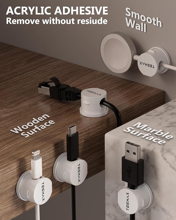 6Pack Magnetic Cord Holder 360° Rotating, 1s Lock Adhesive Desk Organizers | 8mm Cable Pass-Through, One-Hand Easy Installation for Cable Management, Phone Charging Wires Nightstand Car Home Office