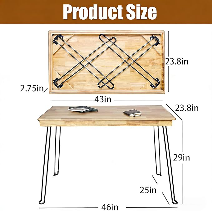 Folding Desk - 43 Inch Solid Oak Wood Small Folding Table with Sturdy Metal Legs and No Assembly Required - Space-Saving Portable Computer Workstation for Home Office Writing Reading