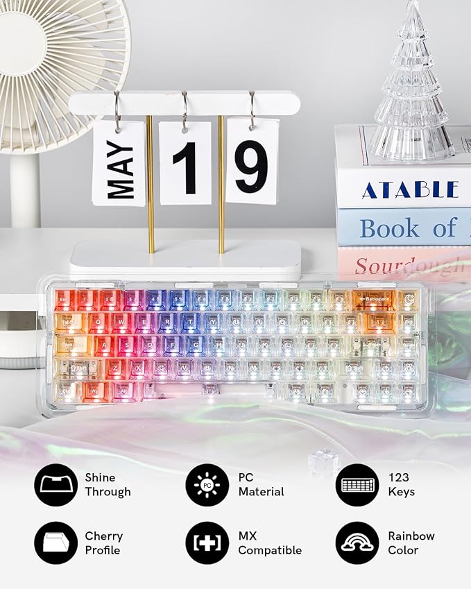 Keymatic Cherry Profile PC Transparent Keycaps, 123 Keys Dye-Sublimation Custom Keyboard Keycaps Shine Through Cute Rainbow Key Cap Set for Cherry MX Swithes Mechanical Keyboard(Only Keycap Set)