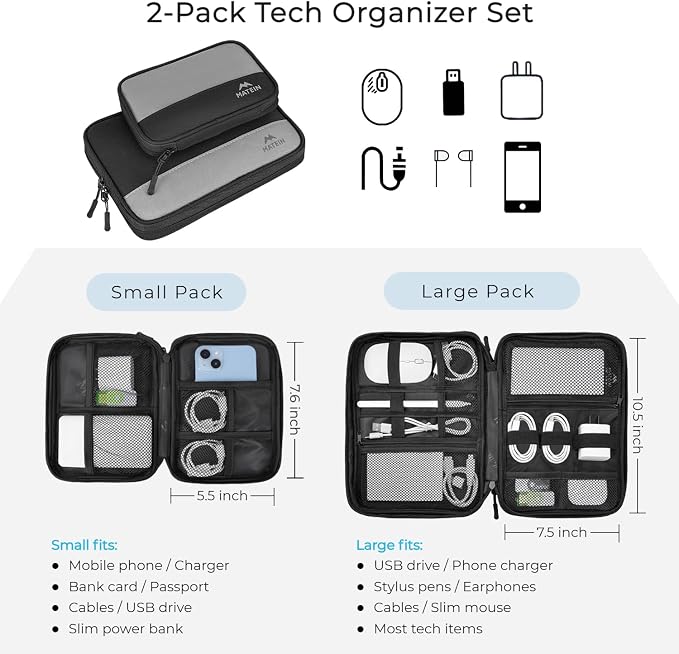 MATEIN Cord Organizer Travel Case, Cable Storage Bag, 2 Pack | Water Resistant, Tech Organizer Pouch, For Small Electronic Accessories, Portable Electronics Case, For Changer, Earphone
